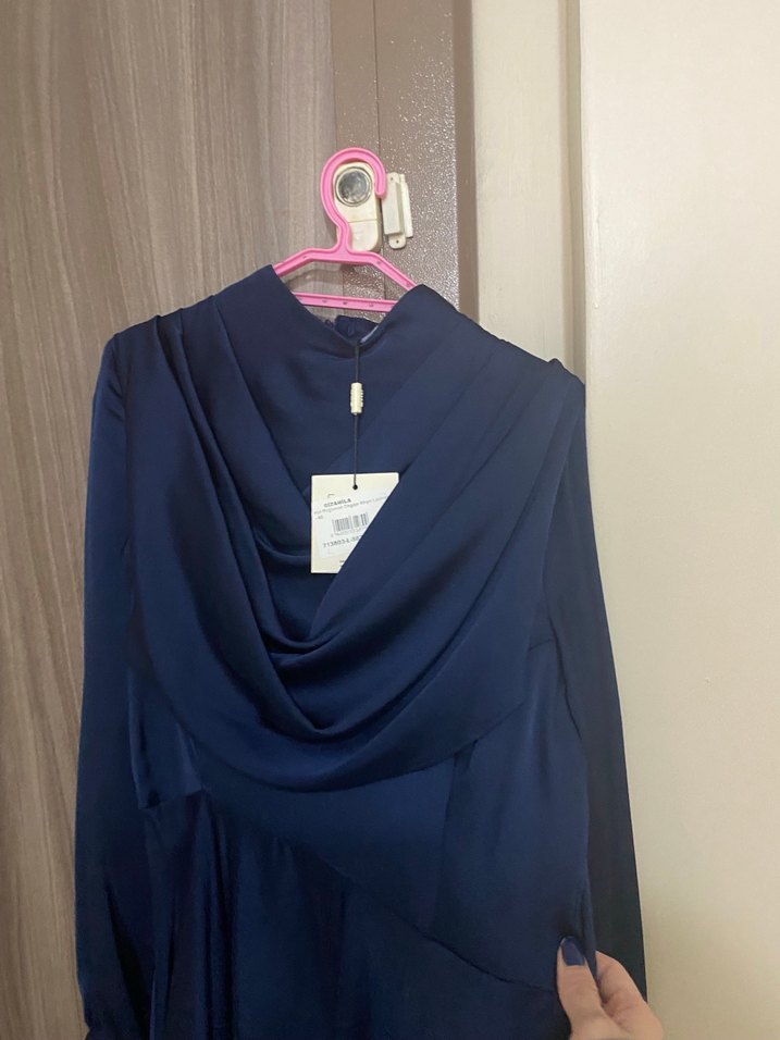 Mavi Uzun Kollu Drapeli Kadın Elbise - Görsel 2