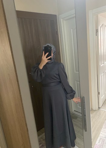 Gri Uzun Kemerli Kadın Elbise - Görsel 6