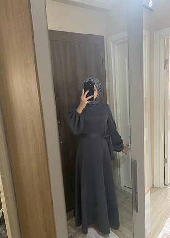 Gri Uzun Kemerli Kadın Elbise - Görsel 2