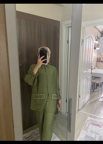 Düğmeli Haki Kadın Uzun Ceket Takımı - Görsel 5