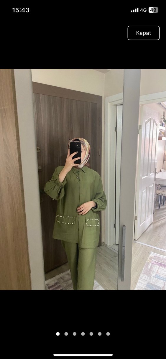 Düğmeli Haki Kadın Uzun Ceket Takımı - Görsel 3