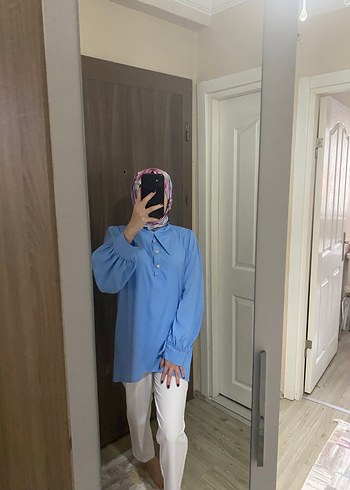 Uzun Kollu Mavi Kadın Gömlek - Görsel 6