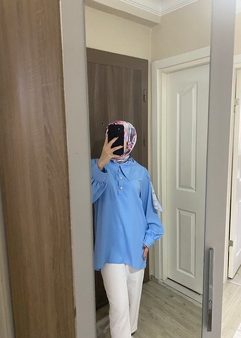 Uzun Kollu Mavi Kadın Gömlek - Görsel 5