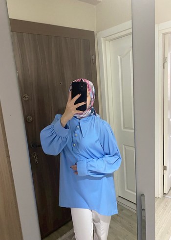 Uzun Kollu Mavi Kadın Gömlek - Görsel 9