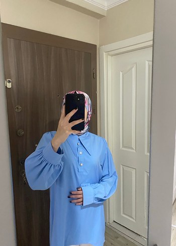 Uzun Kollu Mavi Kadın Gömlek - Görsel 2
