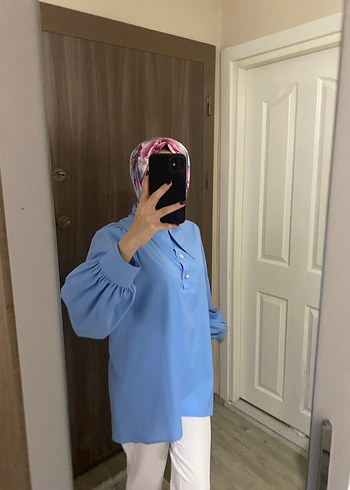 Uzun Kollu Mavi Kadın Gömlek - Görsel 7