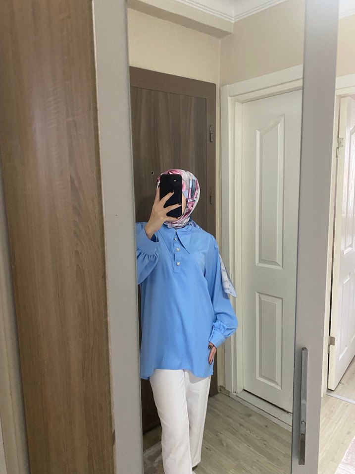 Uzun Kollu Mavi Kadın Gömlek - Görsel 5