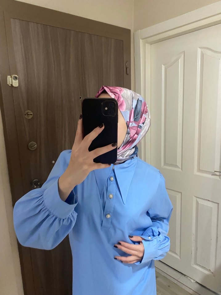 Uzun Kollu Mavi Kadın Gömlek - Görsel 4