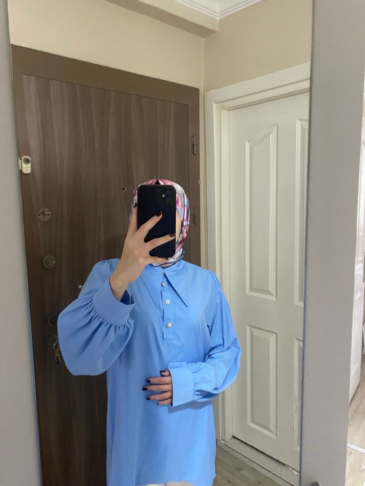 Uzun Kollu Mavi Kadın Gömlek - Görsel 2