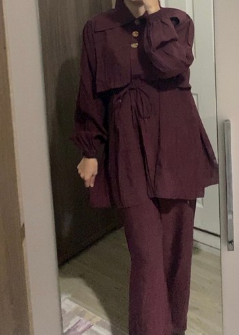 Bordo Düğmeli Rahat Kesim Kadın Takım - Görsel 3