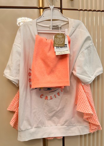 Kız Çocuk Beyaz Baskılı Fırfırlı Tişört taytlı 2 li takım - Görsel 6