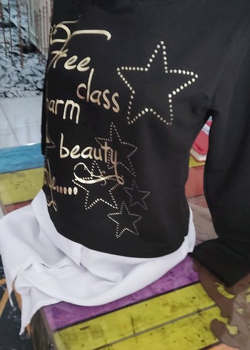 Siyah Payetli Uzun Kollu kapüşonlu sweatshirt - Görsel 3