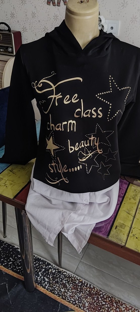 Siyah Payetli Uzun Kollu kapüşonlu sweatshirt - Görsel 4