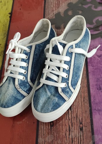 Kadın Mavi Bağcıklı Denim Sneakers