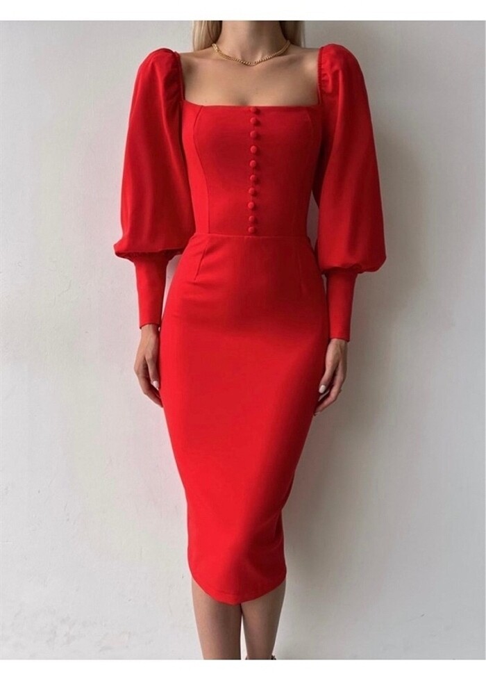 Balon kol kırmızı kalem etek elbise - Görsel 2