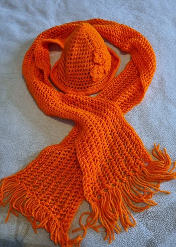 Turuncu Örgü Genç Kız Şapka ve Atkı Seti - Görsel 3