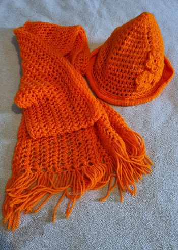 Turuncu Örgü Genç Kız Şapka ve Atkı Seti - Görsel 2