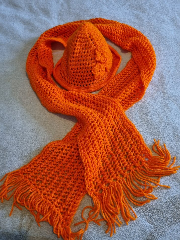 Turuncu Örgü Genç Kız Şapka ve Atkı Seti - Görsel 3