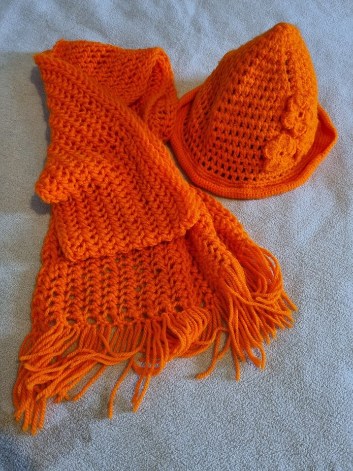 Turuncu Örgü Genç Kız Şapka ve Atkı Seti - Görsel 2