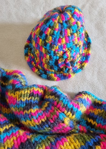 Renkli Örgü Bohem Genç Kız Bere ve Atkı Seti - Görsel 3