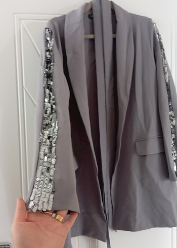 Diğer Gri Uzun Kollu Kemerli Kadın Blazer