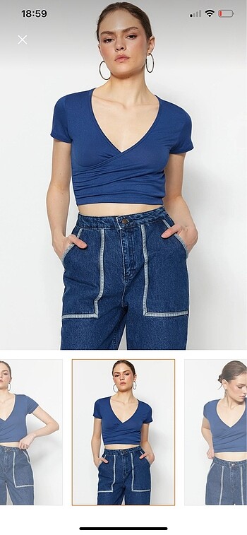 Trendyol & Milla Fitted Vücuda Oturan Kruvaze Yaka Crop Viskoz Esnek Örme Bluz
