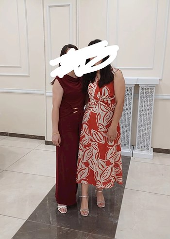 Diğer Kırmızı Bohem Desenli Uzun Kolsuz Elbise