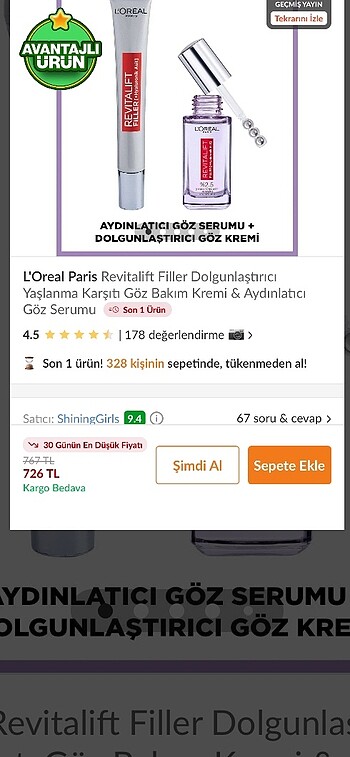 loreal dolgunlaştırıcı göz bakım kremi&aydınlatıcı serum