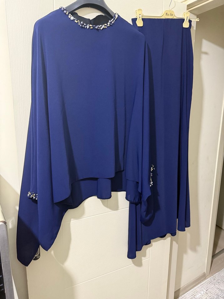 Kadın Lacivert Uzun Drapeli Elbise - Görsel 3