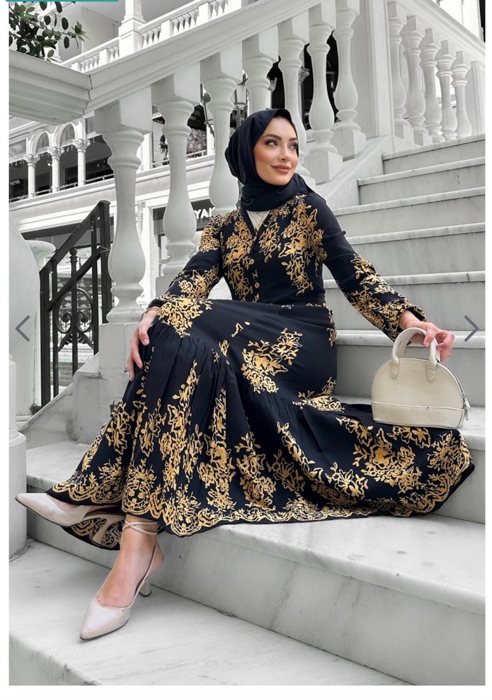 Sultan Desenli Viskon Uzun Elbise Siyah - Görsel 3