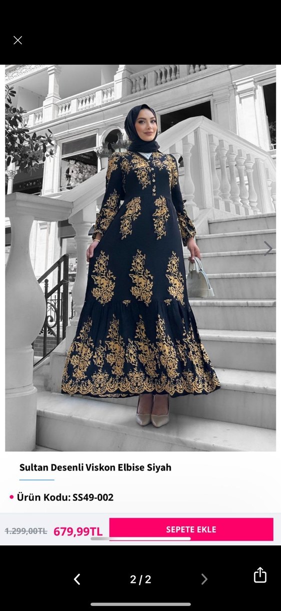 Sultan Desenli Siyah Viskon Uzun Elbise - Görsel 2