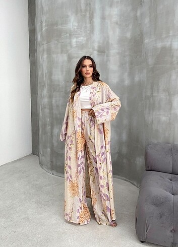 Ekru Keten Desenli Kimono Alt Üst Takım