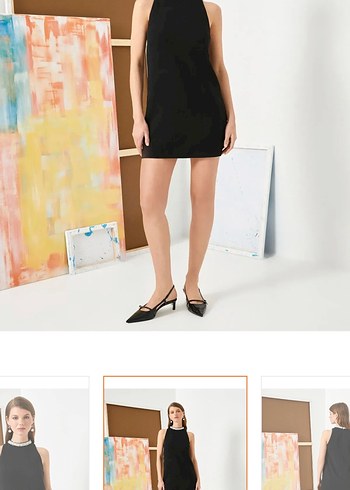 Siyah Yüksek Yakalı Kolsuz Mini Elbise - Görsel 3