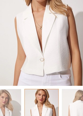 Düğmeli Beyaz Kadın Yelek - Görsel 2