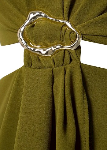 Kemer Detaylı Parlak Haki yağ yeşili Midi Etek - Görsel 6