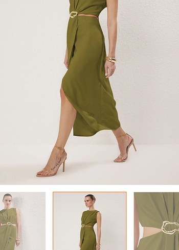 Kemer Detaylı Parlak Haki yağ yeşili Midi Etek - Görsel 4