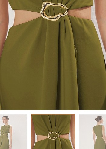 Kemer Detaylı Parlak Haki yağ yeşili Midi Etek - Görsel 3
