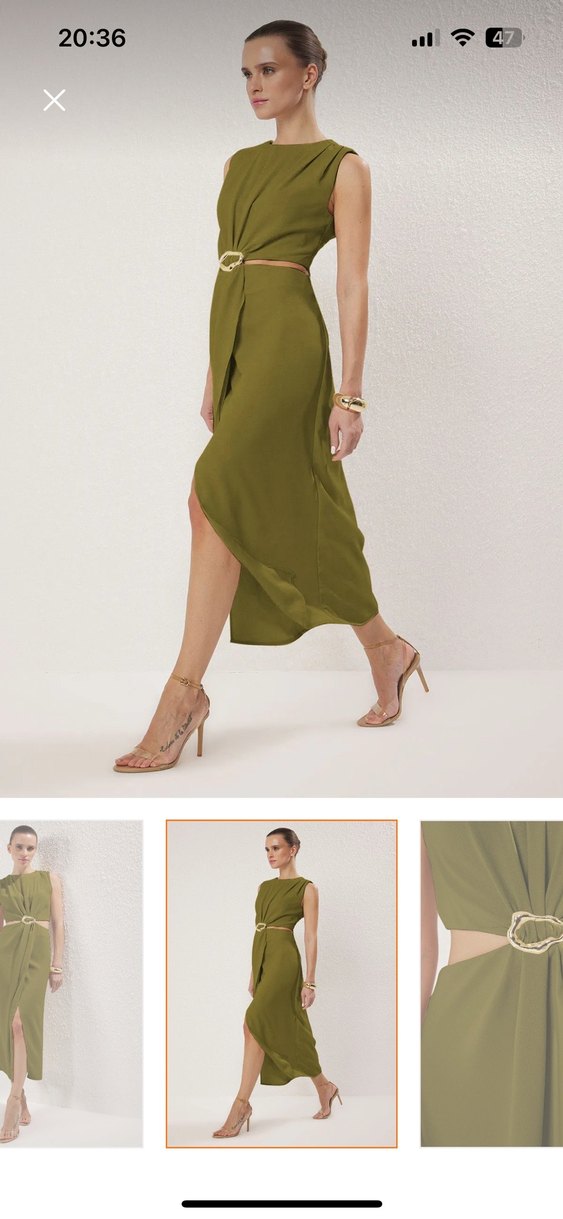 Kemer Detaylı Parlak Haki yağ yeşili Midi Etek - Görsel 4