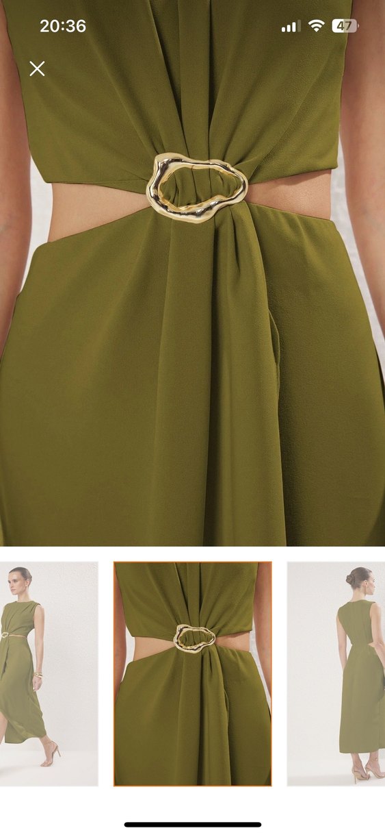 Kemer Detaylı Parlak Haki yağ yeşili Midi Etek - Görsel 3