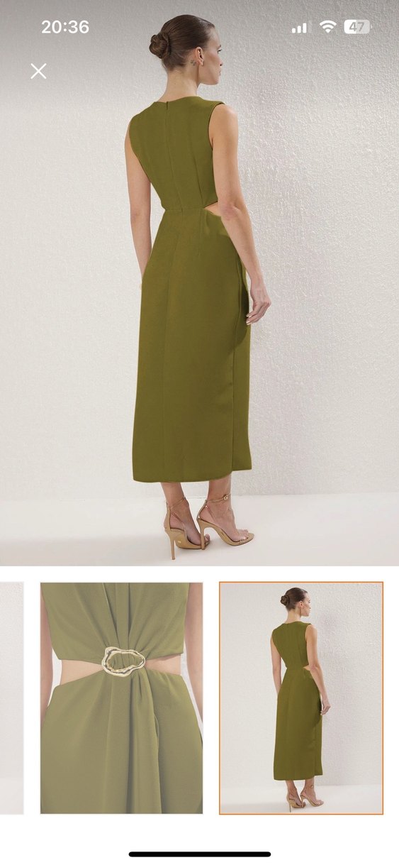 Kemer Detaylı Parlak Haki yağ yeşili Midi Etek - Görsel 2