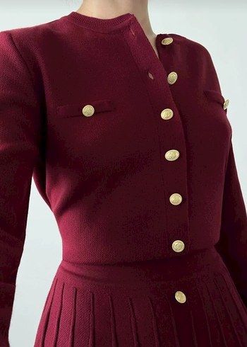 Zara Bordo Mini Düğmeli Triko Elbise