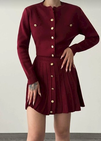 m Beden Bordo Mini Düğmeli Triko Elbise