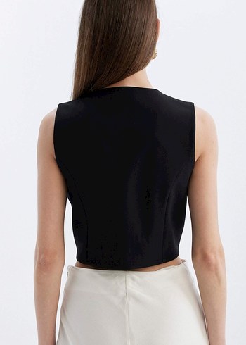 Siyah V Yakalı Düğmeli Kadın Yelek - Görsel 5