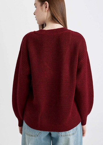 Bordo V Yaka Örgü Salaş Kadın Kazak - Görsel 5