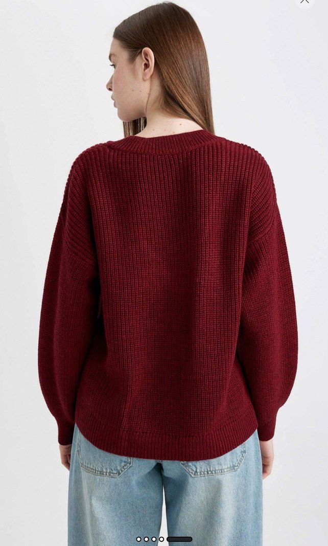Bordo V Yaka Örgü Salaş Kadın Kazak - Görsel 5