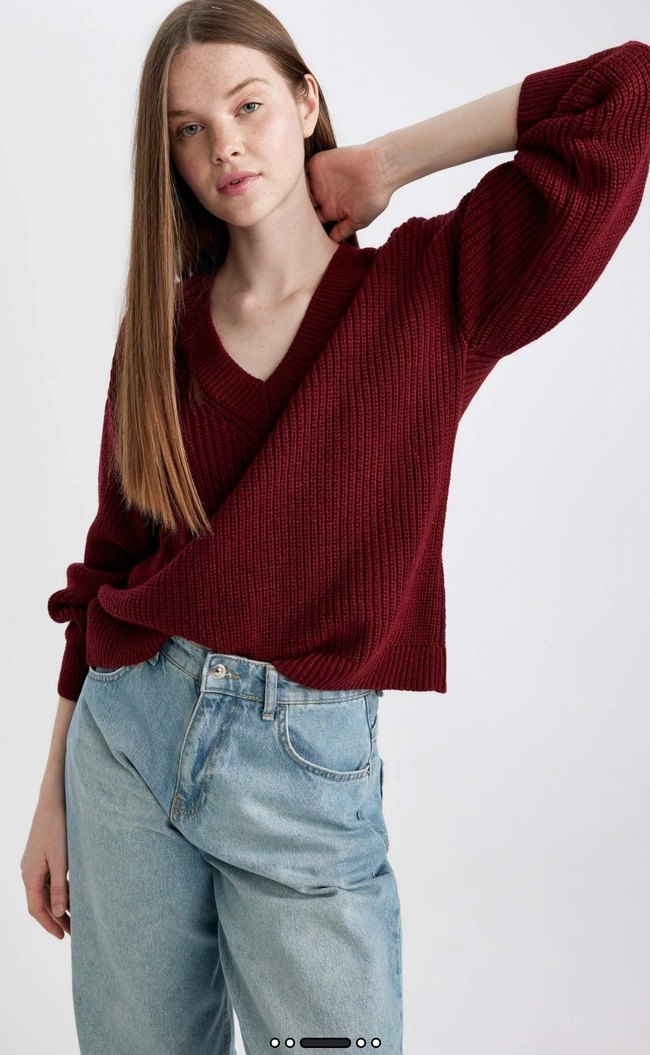 Bordo V Yaka Örgü Salaş Kadın Kazak - Görsel 3