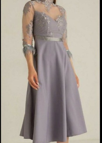 Gri Dantel İşlemeli Midi Abiye Elbise - Görsel 2