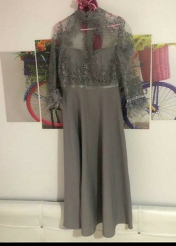 Gri Dantel İşlemeli Midi Abiye Elbise - Görsel 3