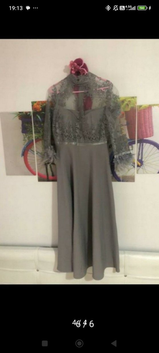 Gri Dantel İşlemeli Midi Abiye Elbise - Görsel 3