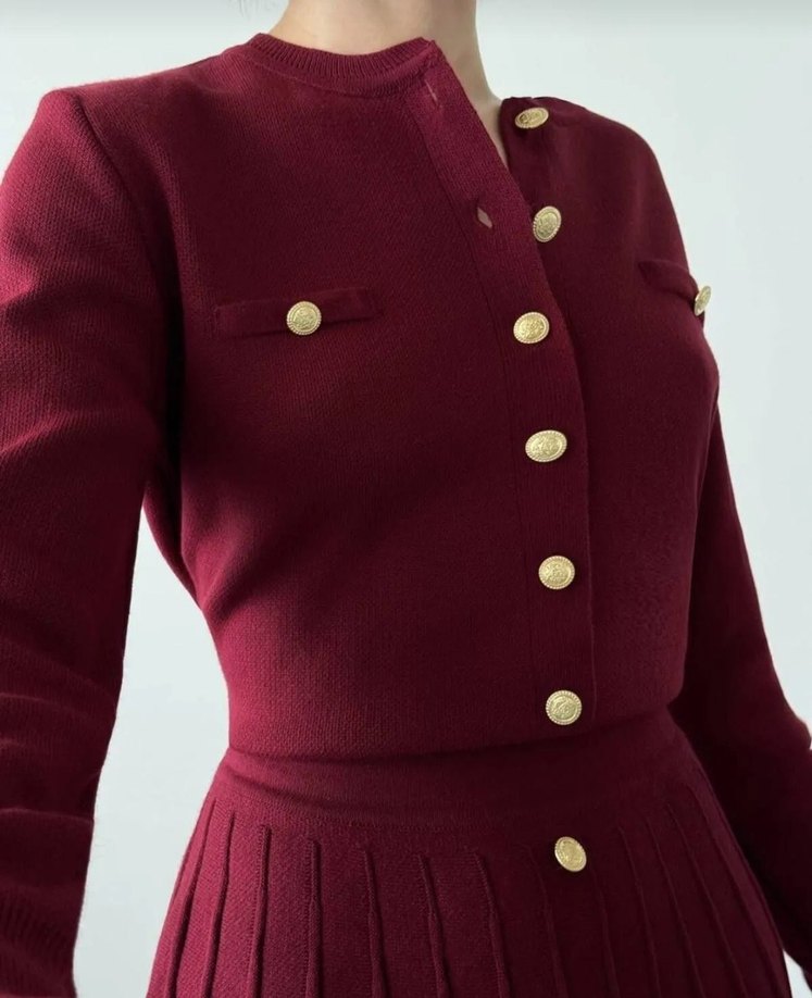 Bordo Mini Düğmeli Triko Elbise - Görsel 2